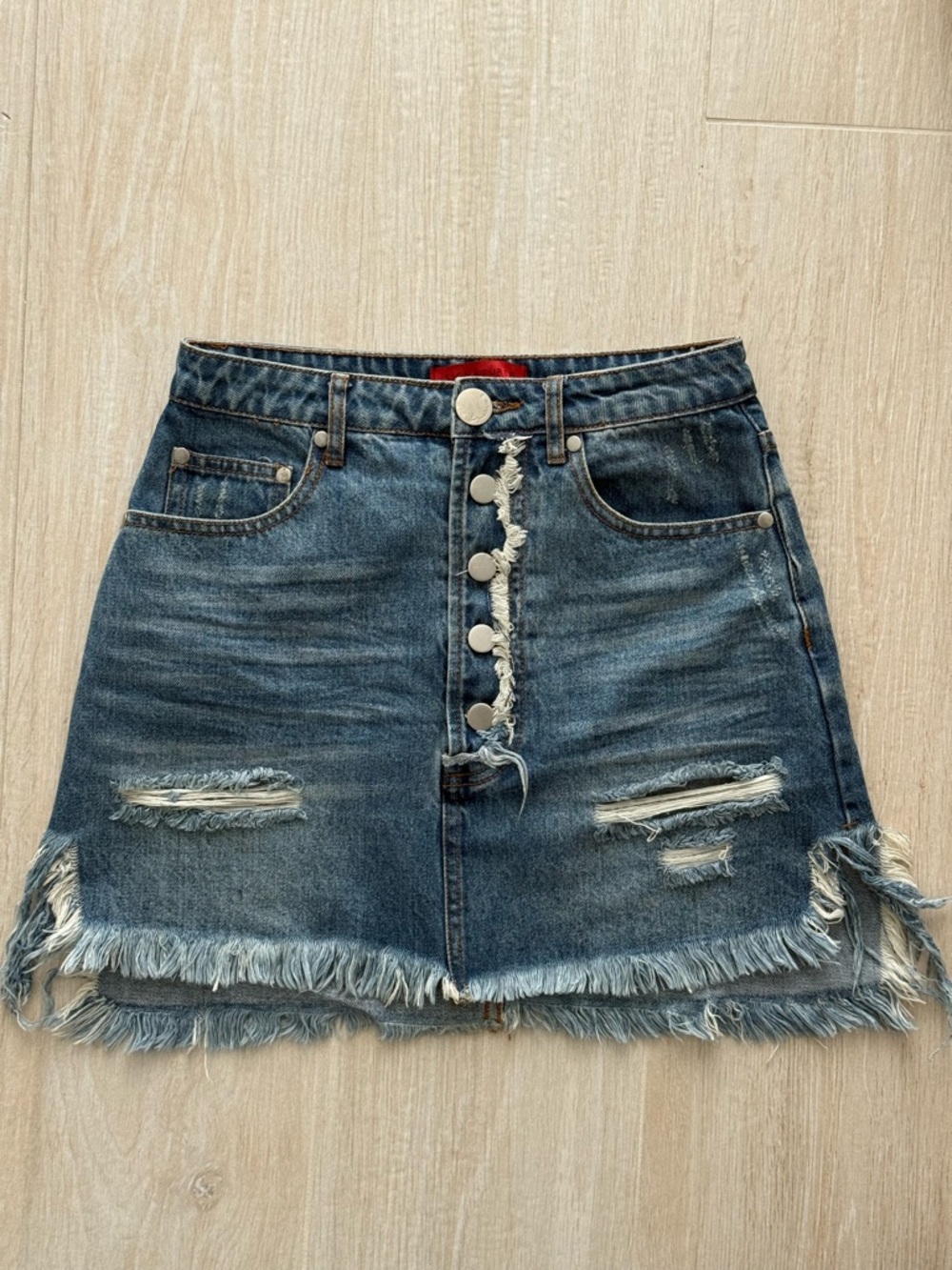 Denim Distressed Button-Front High Waisted Mini Skirt - Blue
